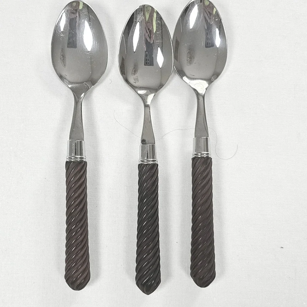 Set of 3 Stainless Steel Tablespoons Brown Spiral Twist Textured Handle 8 Inch